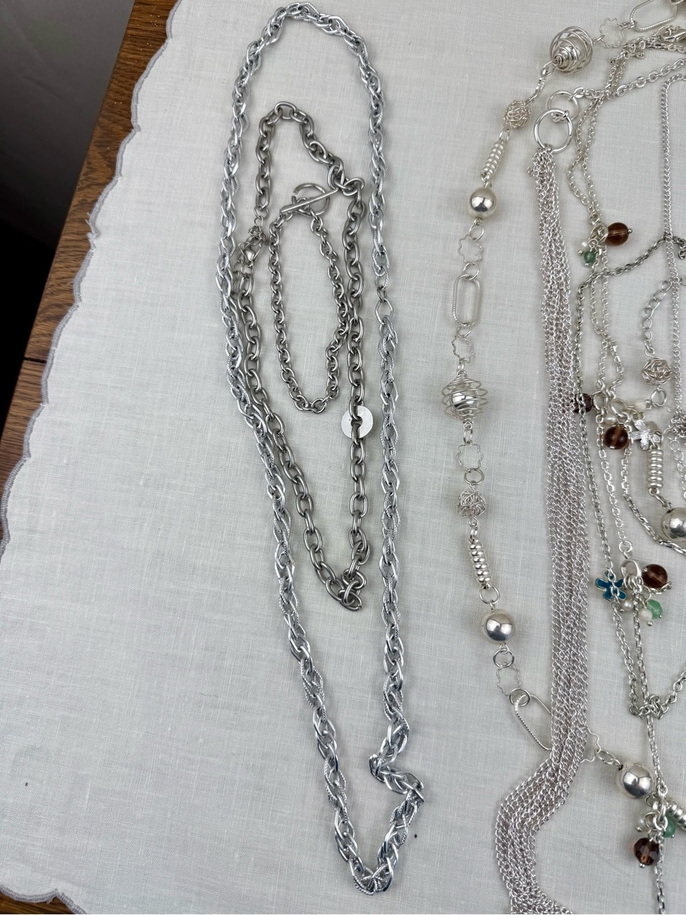 Silver Tone Necklace Bracelet Lot 9 Pieces Layered Chain Beaded Jewelry - Picture 3 of 4